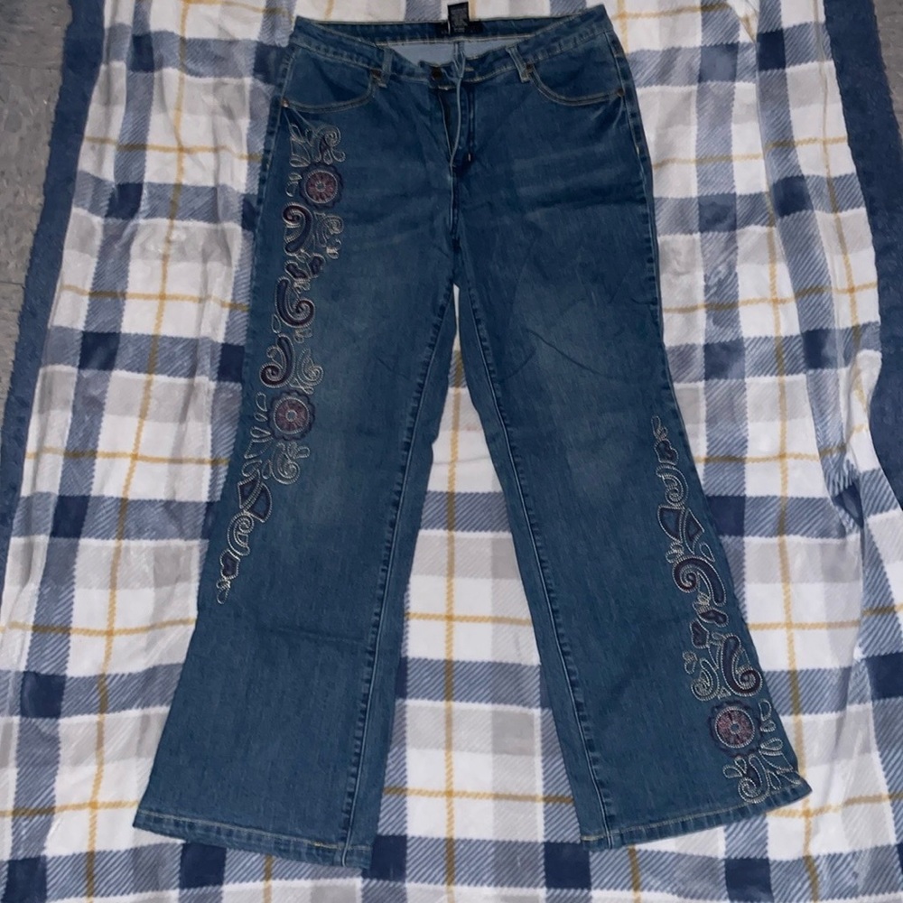 Midnight Velvet Dark Wash Wide Leg Jeans with flower embroidery